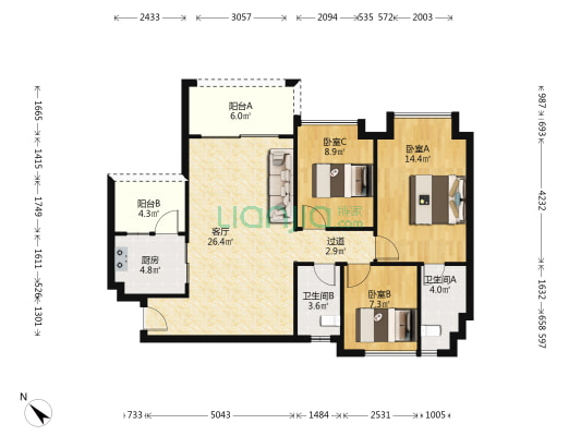 佛奥凯茵苑 3室1厅2卫 95平方