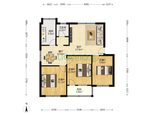 广航花园 3室2厅1卫 89平方