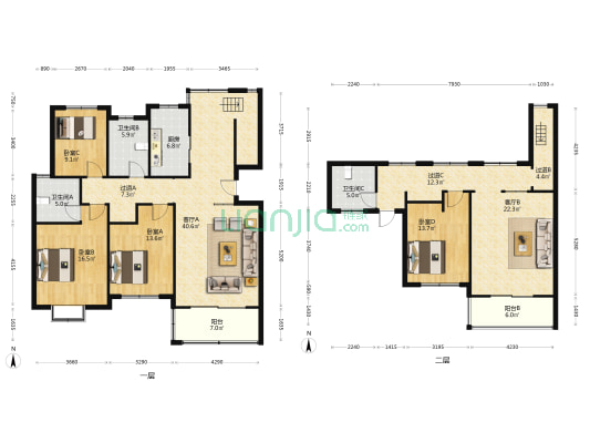 面积大开阔空间 2层复式 房间多 适合人多家庭-户型图
