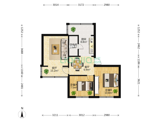 一丘田1号 2室2厅1卫 56平方