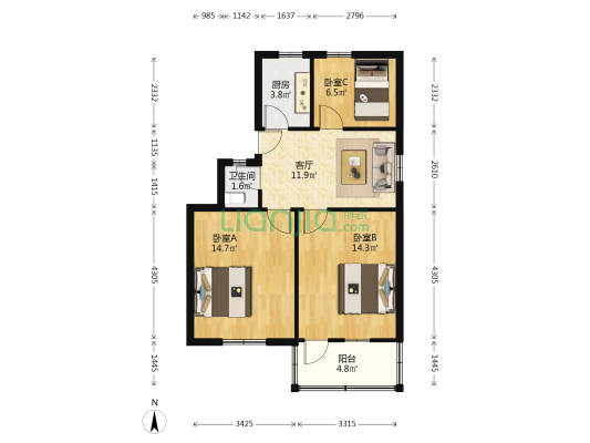 白马庙巷 3室1厅1卫 70平方