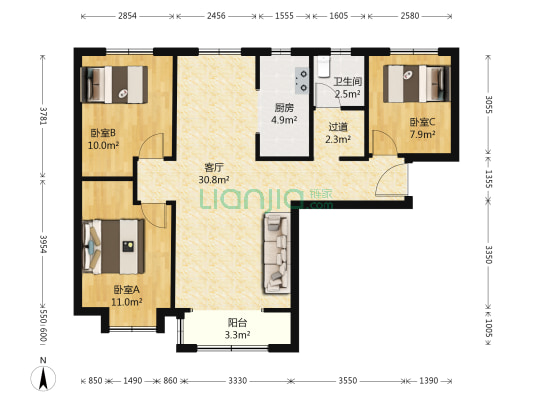 京汉铂寓 3室1厅1卫 97平方