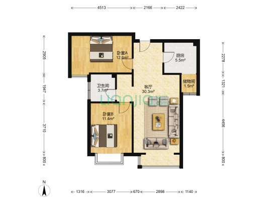 钱隆学府 2室1厅1卫 92平方