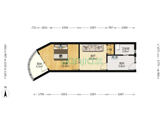 瑞雪大楼 1室1厅1卫 44平方
