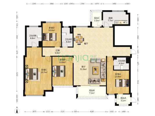 翔龙御湖居 4室1厅3卫 186平方
