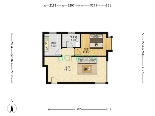涿州高铁东站，鸿坤理想湾全明一居室，卫生间带窗户-户型图