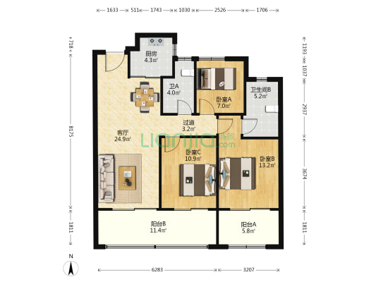 置地龙湖星澜湾A区 3室1厅2卫 120平方