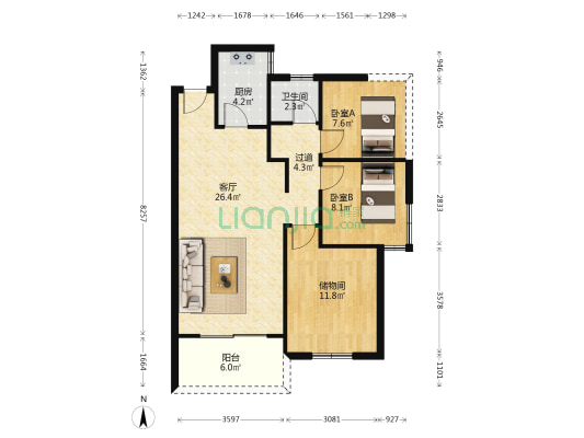 致中明睿台 2室1厅1卫 91平方