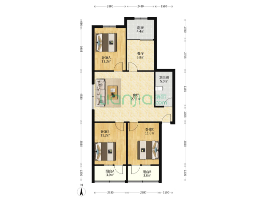 兴泰小区 3室2厅 南 北-户型图