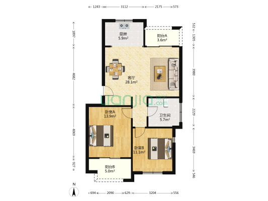 钱塘•彩虹城 2室1厅1卫 85平方