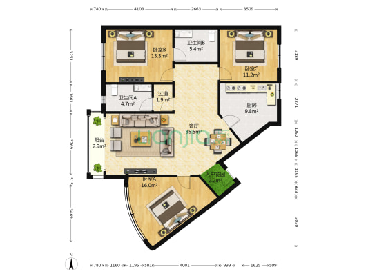紫薇庭院 3室1厅2卫 124平方