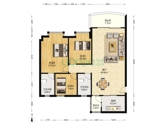 民园 3室1厅2卫 119平方