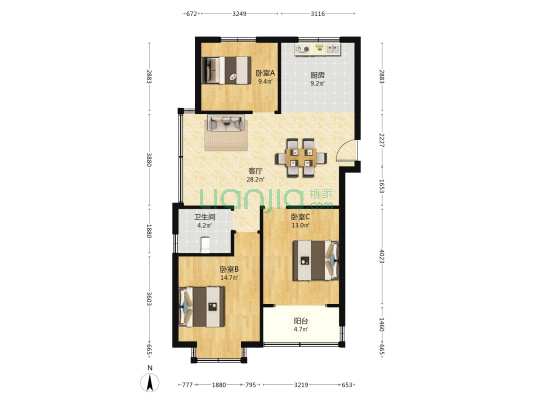 星海湾 3室1厅1卫 112平方