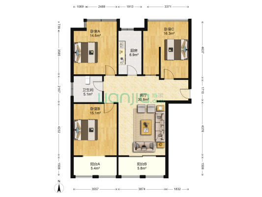 中天和景苑 3室1厅1卫 109平方