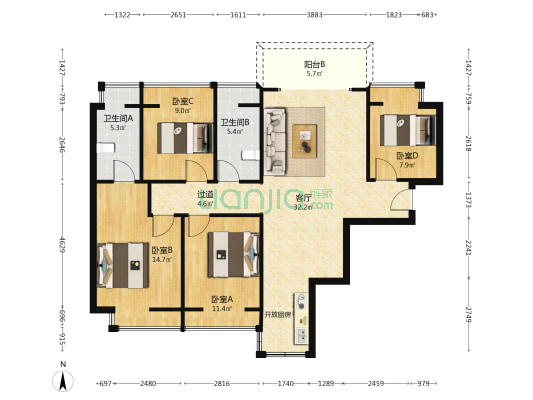 坡博家园一区 4室1厅2卫 126平方