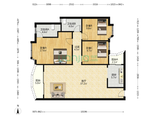 骏景轩 3室1厅2卫 111平方