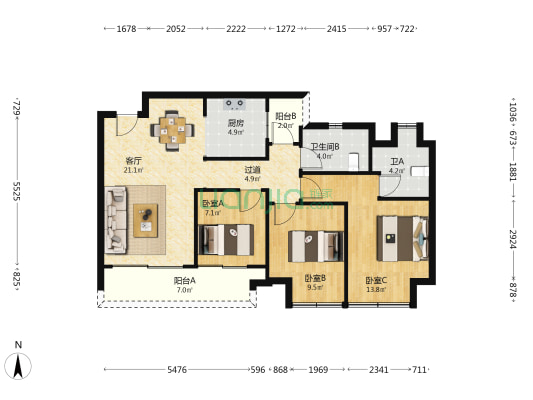 越秀悦映湖山悦玺 3室1厅2卫 87平方
