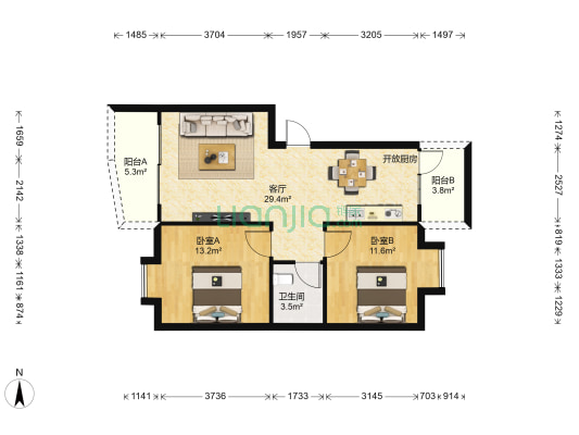 恒大新城 2室1厅1卫 76平方