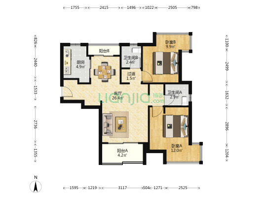盘古天地(一期） 2室1厅2卫 85平方