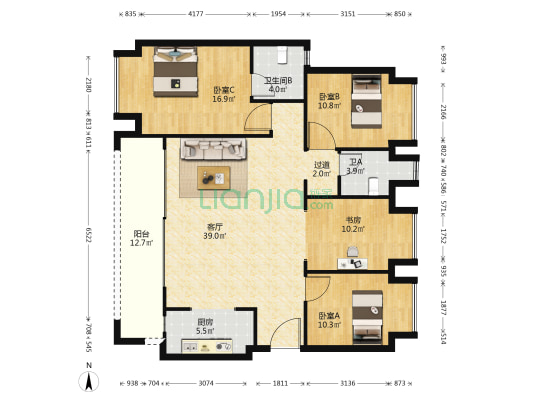 融创溪山春晓一期2地块 4室1厅2卫 126平方