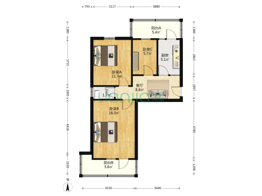 荣军医院家属院 3室1厅1卫 68平方