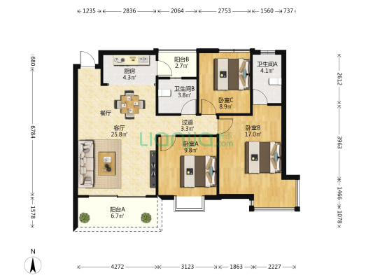 天筑丽城 3室1厅2卫 103平方
