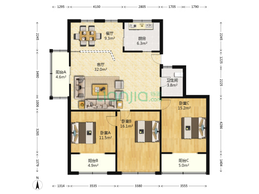 建业大厦 3室2厅1卫 125平方
