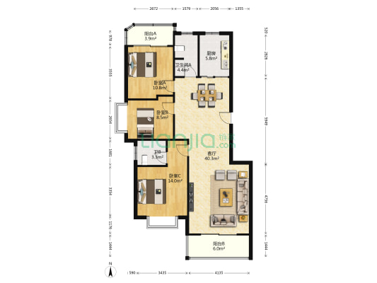 腾达家园 3室1厅2卫 119平方