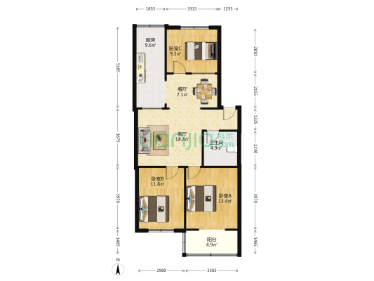 油脂厂宿舍 3室2厅1卫 103平方