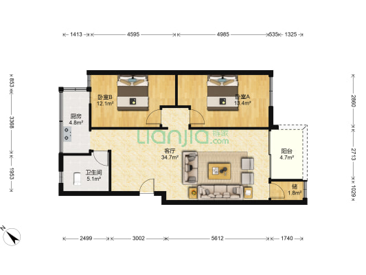 富豪花园 2室1厅1卫 102平方