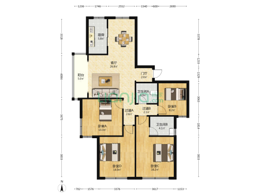 鑫政家园 4室1厅2卫 150平方