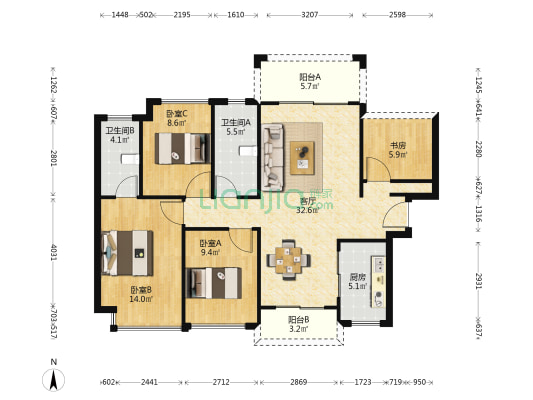 壹城中心7区 4室1厅2卫 109平方