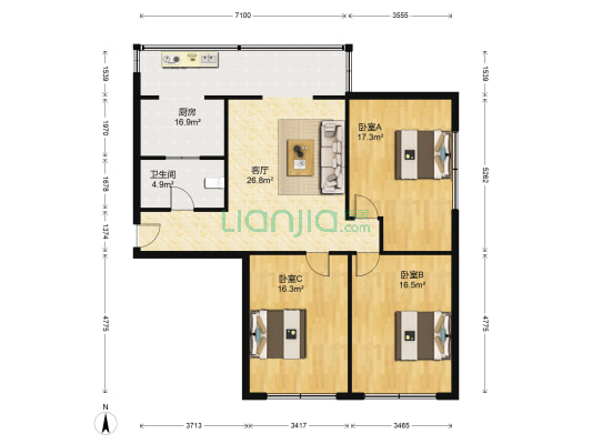 肿瘤医院家属楼 3室1厅1卫 121平方