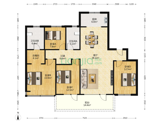 昆仑御三区 4室1厅2卫 173平方