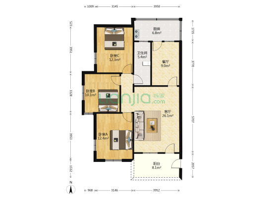 法院宿舍 3室2厅1卫 86平方