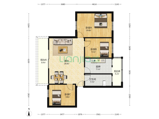 塘新街 3室1厅1卫 91平方