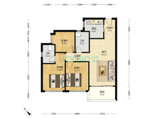 满京华云著雅庭 3室1厅2卫 89平方