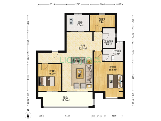 湖悦澜庭 3室1厅2卫 117平方