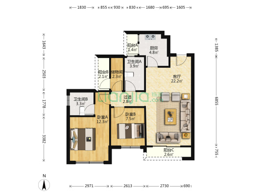 桂林融创九棠府 2室1厅2卫 88平方