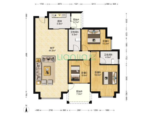 九龙湾花园 3室1厅2卫 118平方
