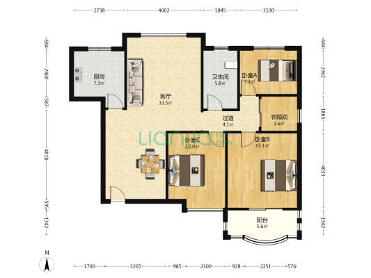 豪世优庭二期 3室1厅1卫 121平方