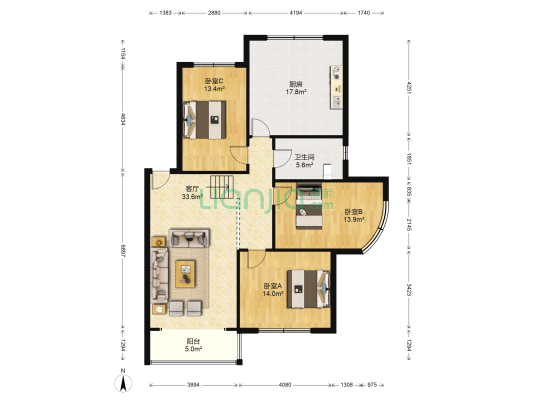 艳路四期康居小区北区 3室1厅1卫 134平方