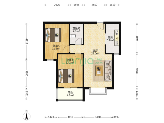 名流美域 2室1厅 南-户型图