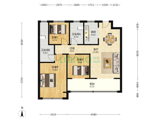 九里锦华苑 3室1厅2卫 108平方