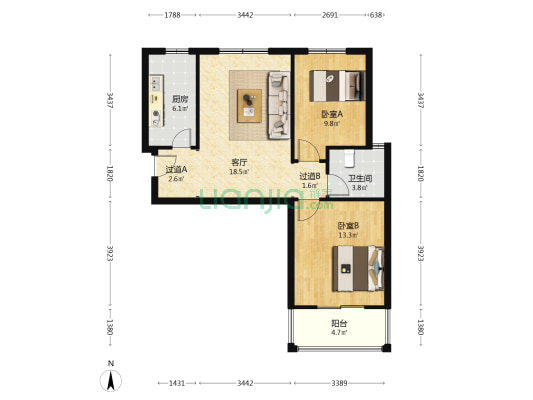 长江花园 2室1厅1卫 89平方
