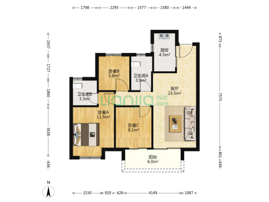 绿地亚洲公园 3室1厅2卫 88平方