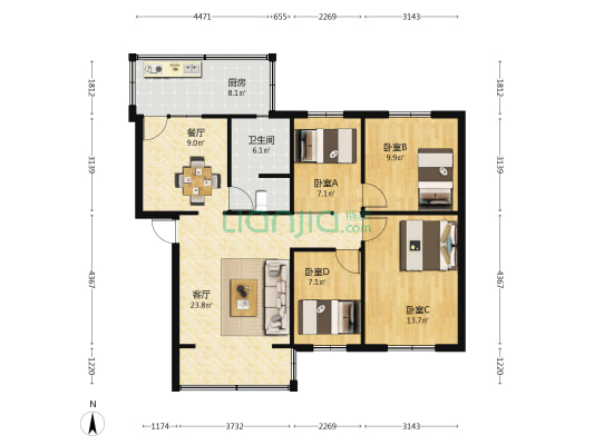 金顶山干休所 4室2厅1卫 83平方