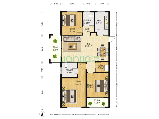 五矿崇文金城D区 3室1厅2卫 118平方