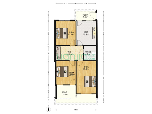 三浃社区十二组团 3室1厅1卫 83平方