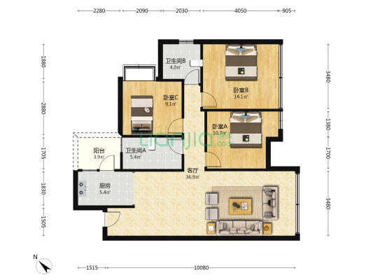南湖时光里 3室1厅2卫 109平方